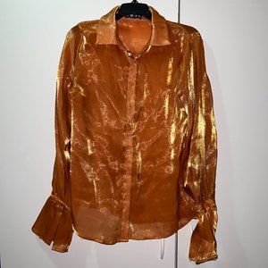 Shein Glassy Orange Bell Sleeved Button Up Size M